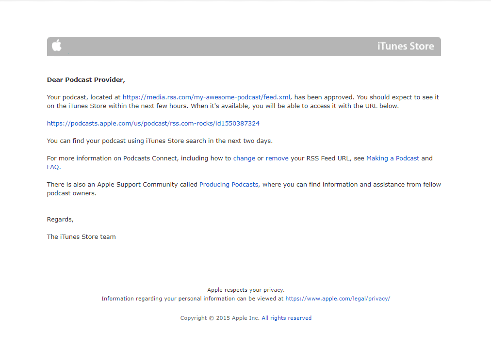 your podcast has been approved on apple itunes email