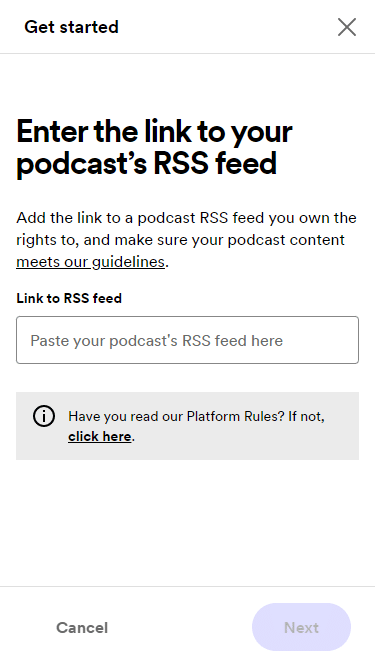 add your podcast RSS feed link in Spotify here
