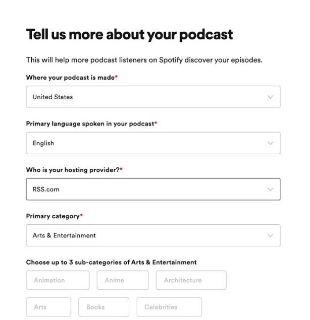 add you podcast details when submitting your podcast to spotify