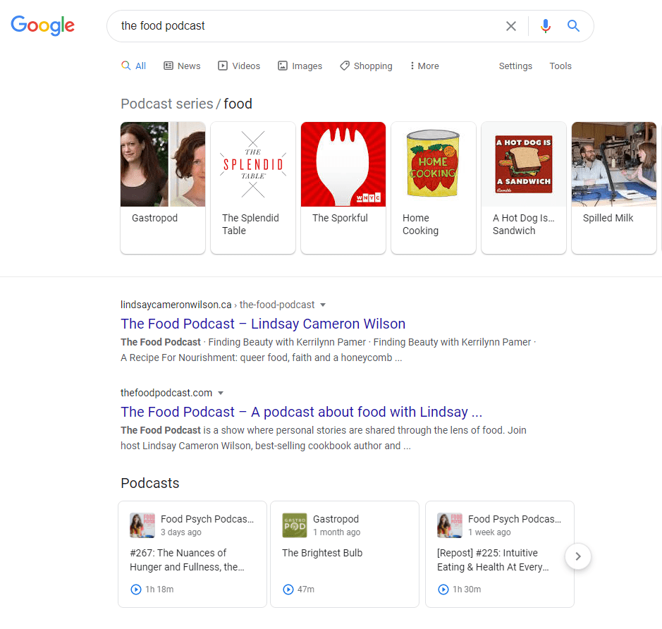 google search results for food podcast