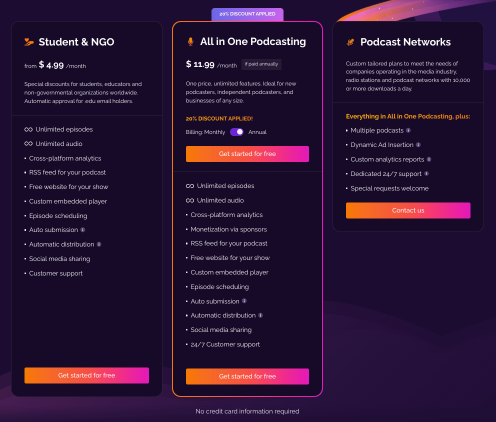 rss.com pricing for the all in one podcasting plan