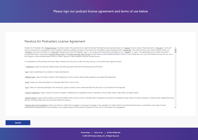 pandora podcast terms and conditions