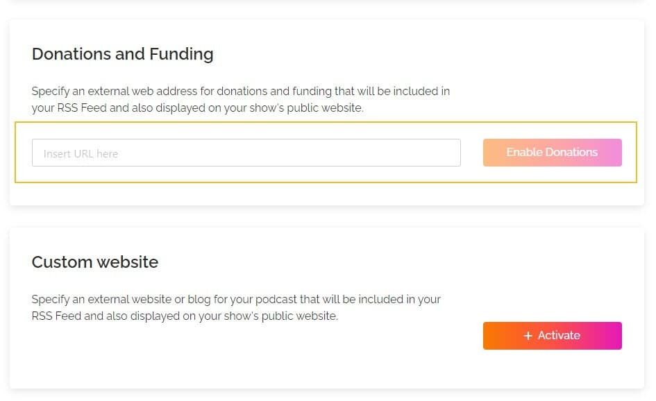 donation button on RSS.com podcasting website