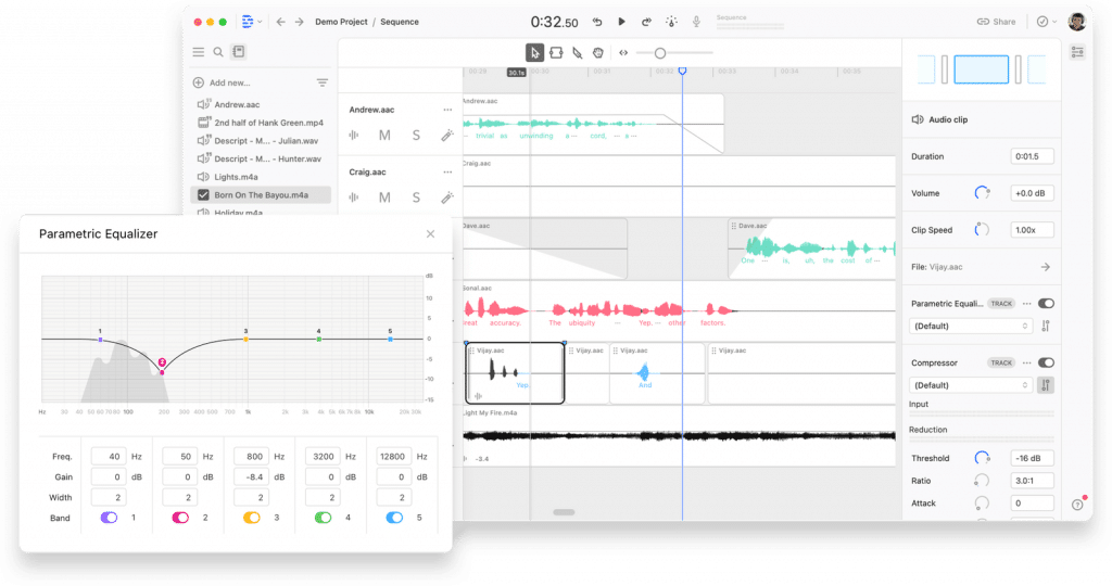 Descript is a powerful, non-destructive multi-track workstation. It’s got everything you need to record, edit, and mix your videos and podcasts—all in one place.