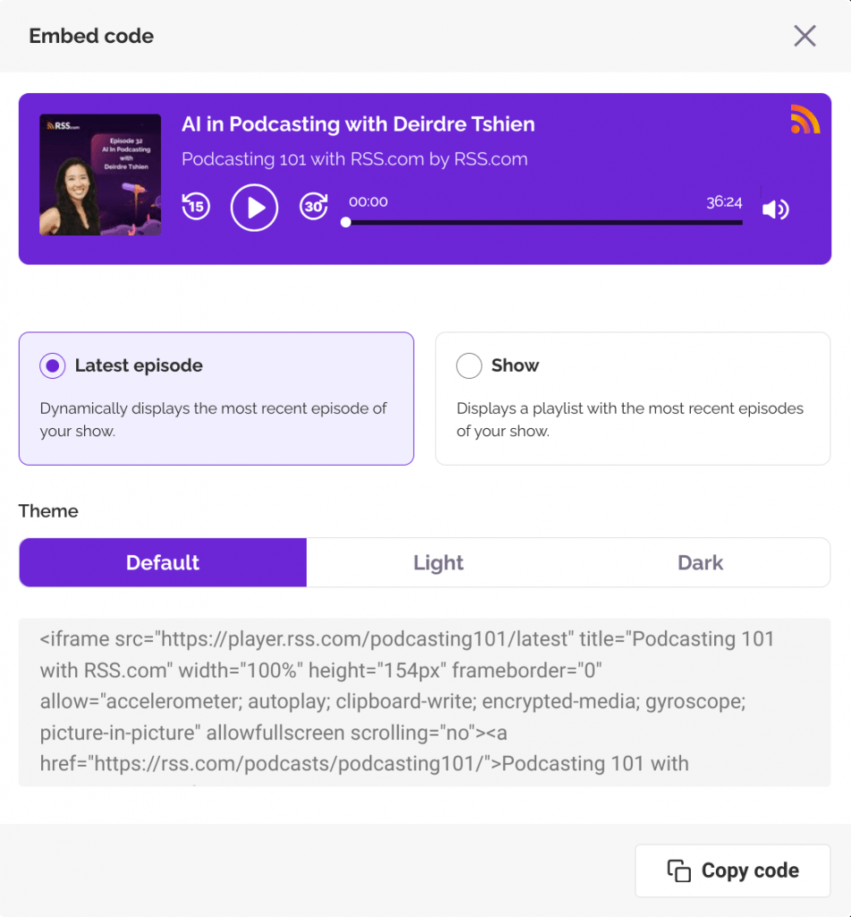 how to embed a podcast episode on RSS.com