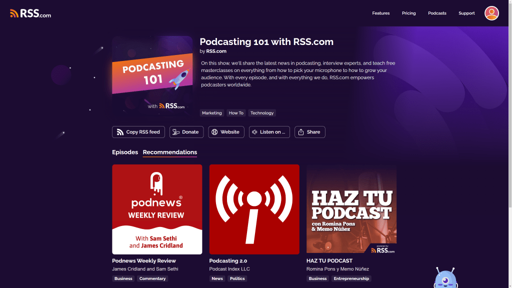 easily recommend other podcasts directly from your public podcast website with RSS.com