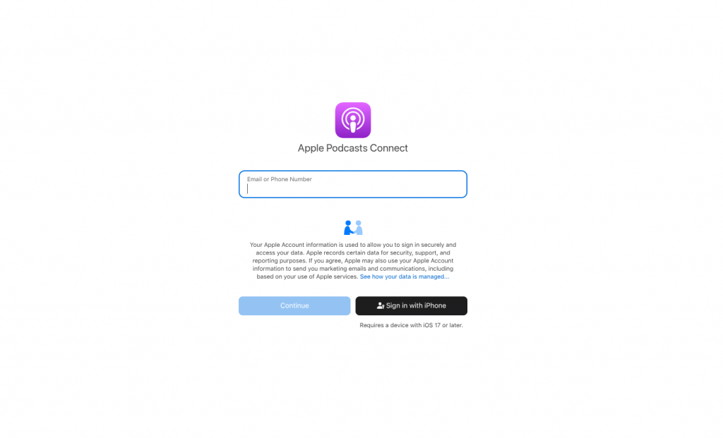 apple podcasts connect log in page