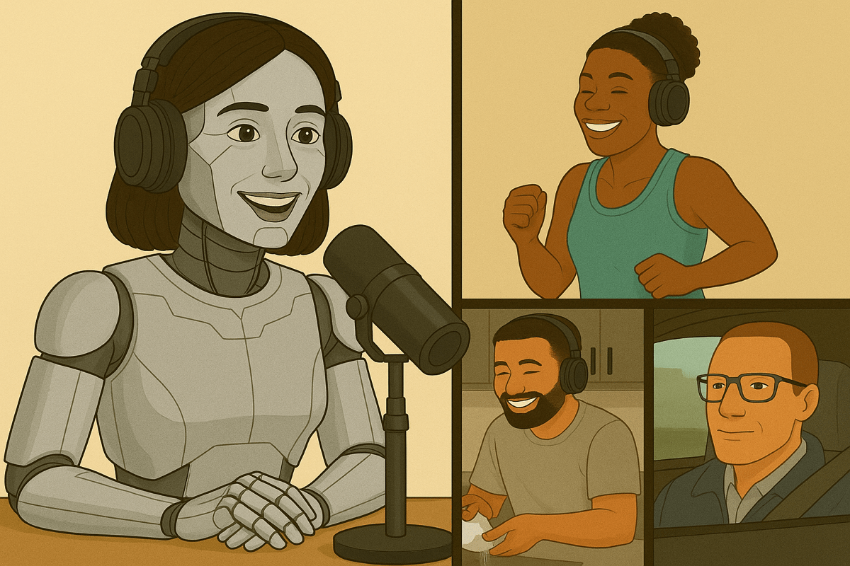 An illustration for a blog header showing a semi-human, semi-robotic podcast host with soft, expressive features speaking into a microphone. On the right side, three listeners—a woman running, a man washing dishes, and a man driving—wear headphones and smile as they listen. The image conveys emotional connection and warmth between humans and an artificial host, with a balanced, warm color palette and modern digital art style.