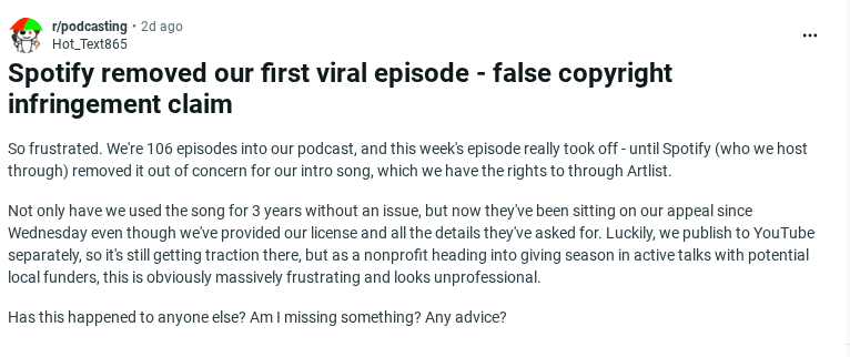 spotify removed a podcast for copyright infringement