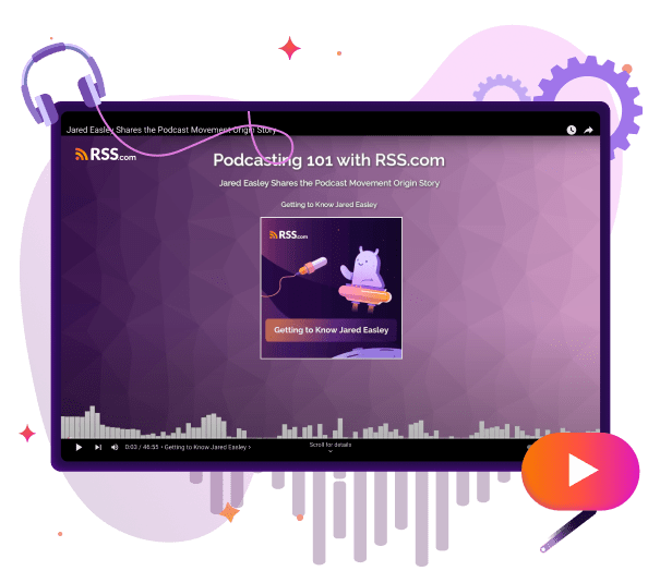 Video generato da PodViz intitolato "Podcasting 101 with RSS.com", caratterizzato da un'interfaccia di riproduzione video con visualizzazione della forma d'onda audio e un'illustrazione di un personaggio che tiene in mano un microfono, evidenziando la storia di Jared Easley e il movimento del podcast.