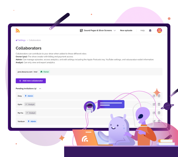 Collaborators management interface on RSS.com showing roles like creator, admin, and analyst with an option to add collaborators, accompanied by an illustration of characters working together.