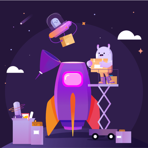 Illustration promoting RSS.com podcast migration offer with 6 months free. Features a rocketship and characters loading boxes, symbolizing an easy and fast podcast transfer process to RSS.com with automatic transcriptions and YouTube publishing.