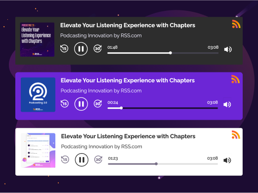 Different designs of an embeddable podcast player with customizable color palettes, allowing podcasters to choose styles that align with their branding, showcasing episodes with playback controls and chapter navigation.