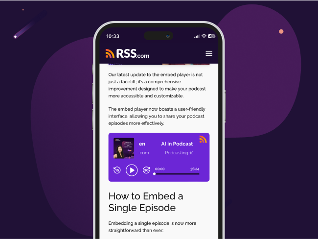 Mobile view of an embeddable podcast player integrated into a blog post, showing an episode titled ‘AI in Podcasting’ with playback controls, providing a customizable and user-friendly interface for sharing podcast episodes.