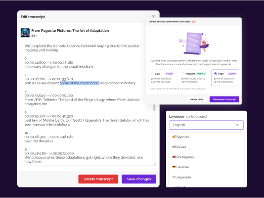 AI-powered transcript generator with multi-language support, SEO optimization, and accessibility features to enhance discoverability and engagement, offering free AI-generated and human-editable transcripts for podcasters.