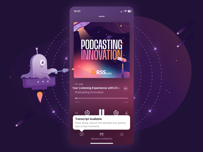 Interfaz móvil que muestra un programa de podcast titulado 'Innovación en Podcasting' en RSS.com con una notificación de transcripción disponible, presentando una ilustración de temática espacial con un cohete y un personaje.