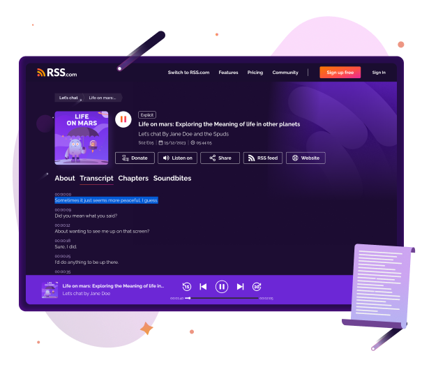 Episode transcripts feature on RSS.com showing a podcast page with AI-generated transcripts to boost visibility, SEO, and accessibility, offering free transcripts to podcasters to expand their reach.