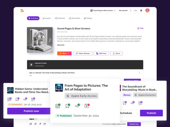 Interfaccia di hosting di podcast che evidenzia la gestione degli episodi con opzioni per pubblicare, pianificare e promuovere gli episodi. Le funzionalità includono spazio di archiviazione illimitato, pubblicazione di episodi esclusivi Apple e ad accesso anticipato, monetizzazione e conversione da audio a video per i podcast di YouTube.