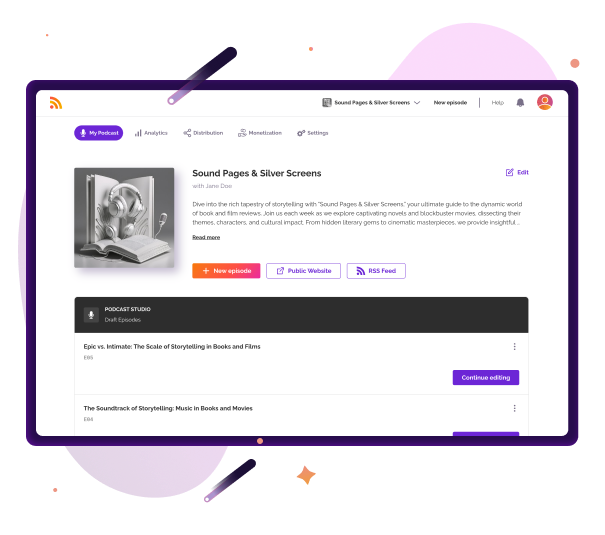 Panel de control de podcast de RSS.com para Sound Pages & Silver Screens con contenido de reseñas de libros y películas, con opciones para editar episodios, sitio web público y gestión de episodios del feed RSS.