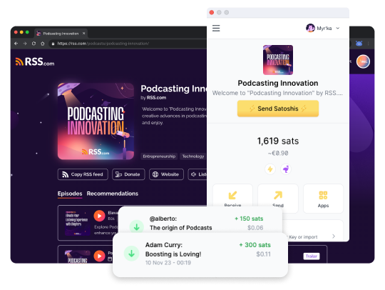 Integrazione di Alby con RSS.com che mostra la pagina del podcast Podcasting Innovation con opzioni per inviare Satoshi e transazioni Bitcoin in tempo reale, supportando la crescita del podcast attraverso i contributi degli ascoltatori.