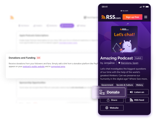 La funzione Donazioni su RSS.com mostra nella tua pagina pubblica del podcast un pulsante di donazione, consentendo agli ascoltatori di contribuire tramite PayPal, GoFundMe o Patreon, rendendo più semplice per i podcaster ricevere supporto.