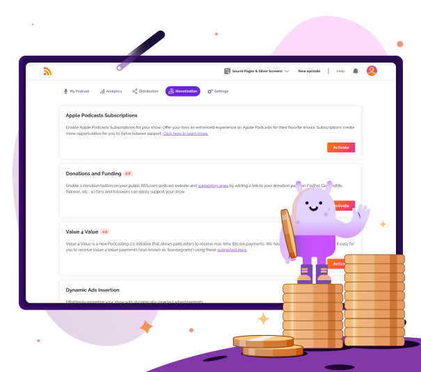 Dashboard di monetizzazione per podcast con opzioni come sottoscrizioni Apple Podcast, donazioni e inserimento di annunci dinamici, accompagnati dall'illustrazione di un personaggio che tiene in mano monete, promuovendo le opportunità di monetizzazione di RSS.com.