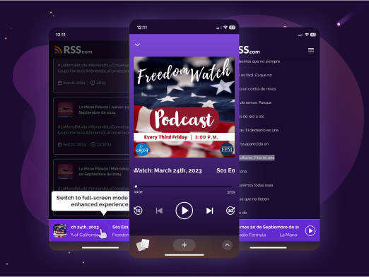 Mobile interface displaying the ‘Freedom Watch’ podcast episode with playback controls, episode details, and a full-screen mode option on RSS.com’s podcast platform.