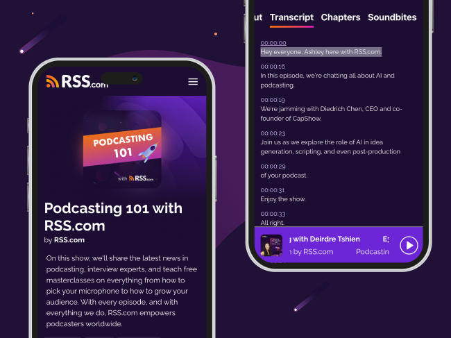 Mobile view of the ‘Podcasting 101 with RSS.com’ episode displaying episode details and a transcript with chapters and soundbites on the podcast player interface.