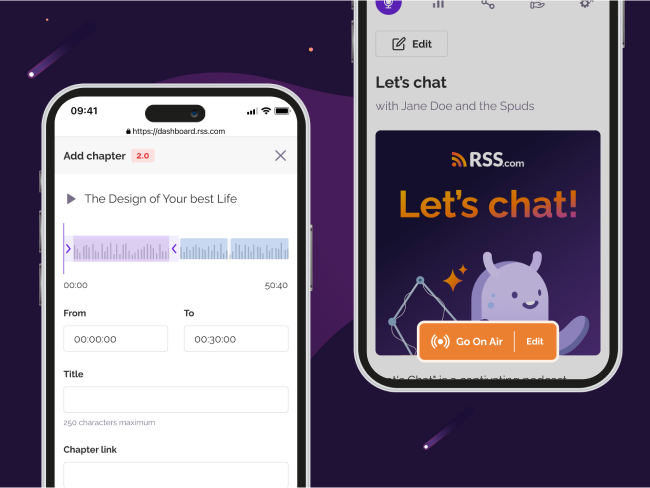 Interfaccia mobile che mostra la modifica dei capitoli degli episodi del podcast con timestamp e un podcast "Chat" con un pulsante "Vai in onda", che evidenzia la creazione di podcast e le funzionalità di streaming live su RSS.com.
