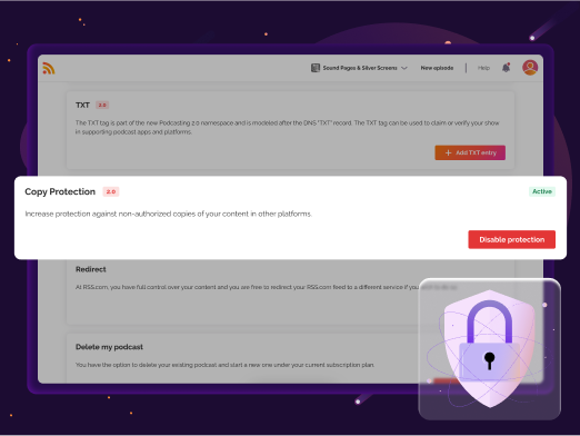 Podcast settings dashboard on RSS.com showing copy protection feature to prevent unauthorized content use, with an active protection status and an illustration of a shield with a lock.