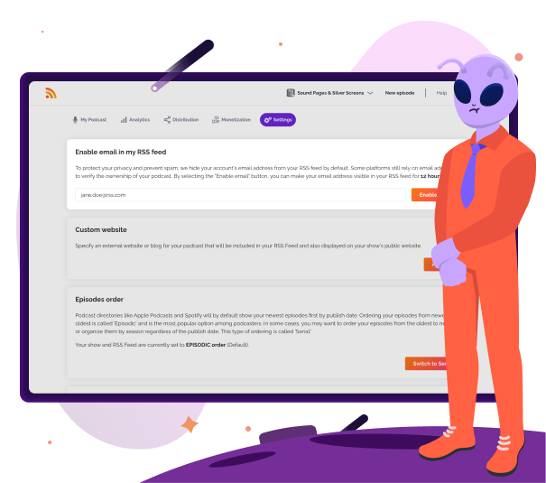 Podcast settings dashboard on RSS.com showing options to enable email in RSS feed, specify a custom website, and adjust episode order, with an illustration of a character in a suit standing next to the interface.