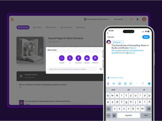 Composing a tweet to share a podcast episode from RSS.com using one-click social sharing, with options to post on Facebook, LinkedIn, and Pinterest, alongside features like customizable social messages and streamlined audience growth.