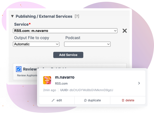 Auphonic publishing settings showing RSS.com as an external service with automatic file output to a podcast account.