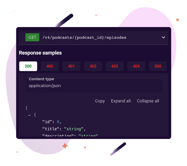 RSS.com API endpoint reference showing a GET /v4/podcasts/{podcast_id}/episodes request with a 200 response sample in JSON format.