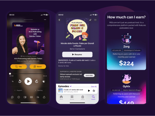 Monetization options for podcasts including dynamic ad insertion, Apple Podcast subscriptions, listener support, sponsorship opportunities, and affiliate program, displayed on mobile and desktop views.