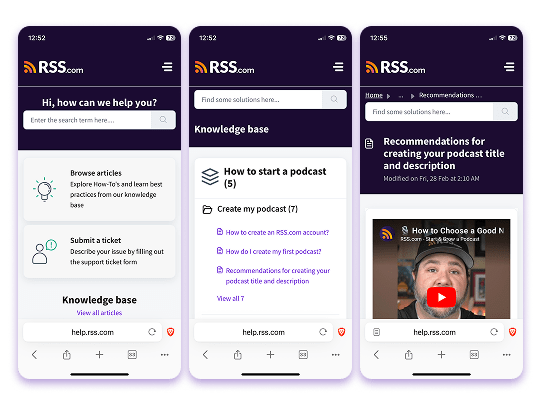 Tre schermate mobile che mostrano la home page della Knowledge Base di RSS.com