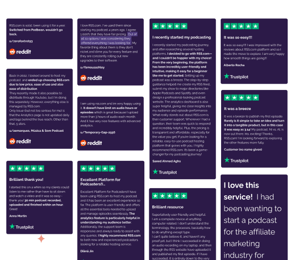 Collage di recensioni a cinque stelle dei clienti di RSS.com