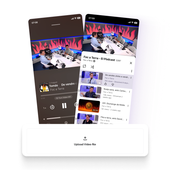 Phone screens showing a video podcast playing in Apple Podcasts and the same show listed on YouTube, above an Upload Video file panel