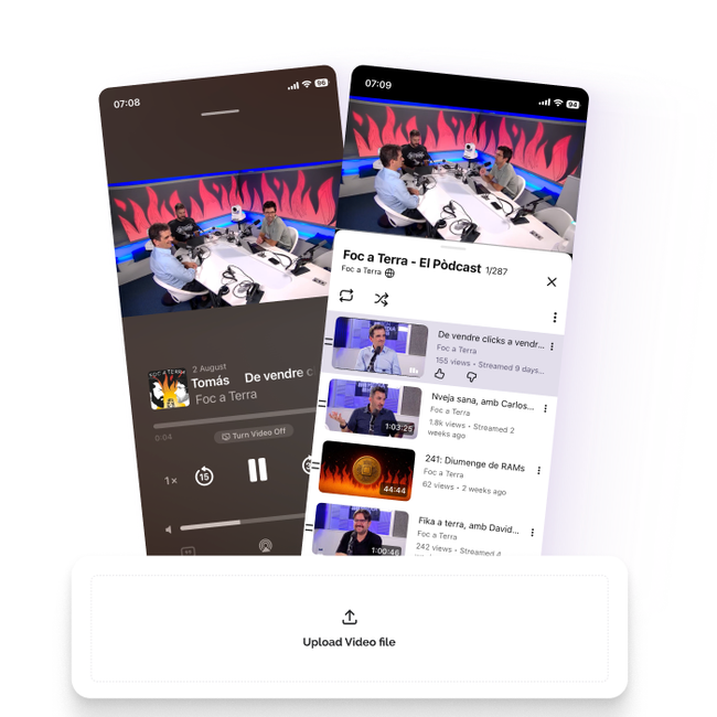Video podcast episode played in a mobile app next to its YouTube episode list, above the RSS.com upload video file button